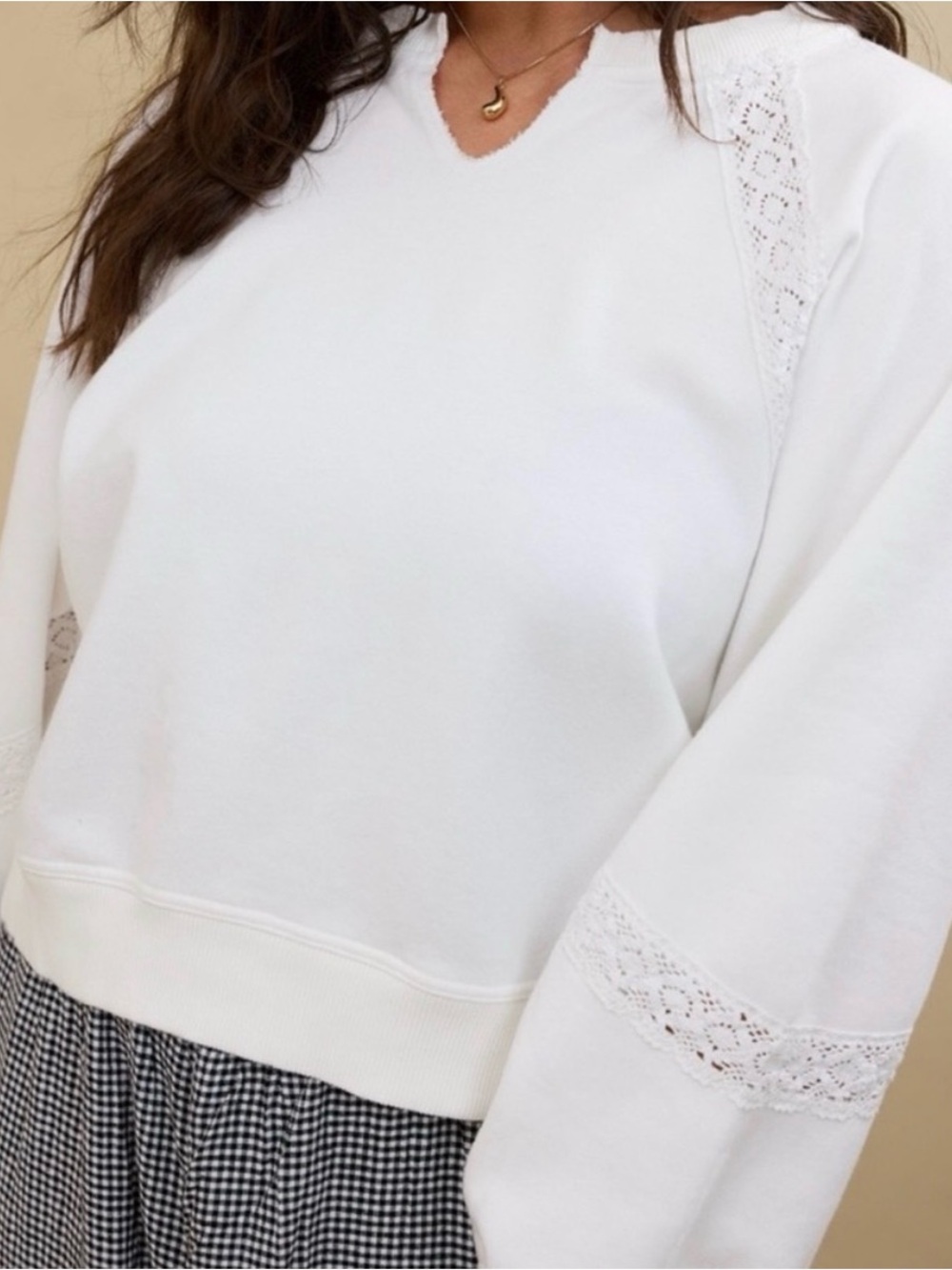 Aerie Hey Crochet Oversized Distressed Crewneck Sweatshirt White | Size L